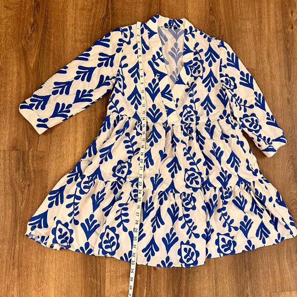 Zara Blue White Bold Print Tiered Swing Dress Sz M - Picture 6 of 11